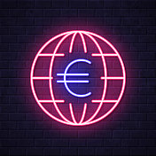 全球欧元。在砖墙背景上发光的霓虹灯图标