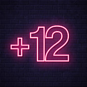 加12，加12。在砖墙背景上发光的霓虹灯图标