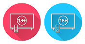 电视上有18个加号(18+)。圆形图标与长阴影在红色或蓝色的背景