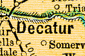 美国城市的名字，在古董地图上的特写:迪凯特，阿拉巴马州