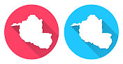 朗多尼亚地图。圆形图标与长阴影在红色或蓝色的背景