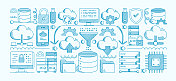 云计算手绘矢量涂鸦线图标集。采购产品大数据，云技术，云服务，数据，数据中心，服务器，互联网，网络，上传，下载。