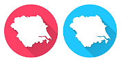 约克郡和亨伯地图。圆形图标与长阴影在红色或蓝色的背景