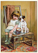 伯蒂和靶心，小女孩和她的宠物狗，维多利亚儿童读物插图，19世纪