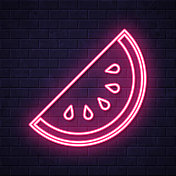 一片西瓜。在砖墙背景上发光的霓虹灯图标
