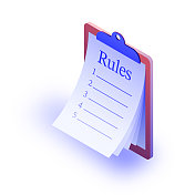 矢量插图的规则图标和三维设计，合规，指导，文件夹，档案，要求，规则，条例，程序，等距。
