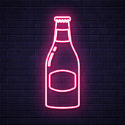 啤酒瓶。在砖墙背景上发光的霓虹灯图标 啤酒瓶。在砖墙背景上发光的霓虹灯图标