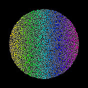 在黑色背景上形成一个圆形渐变的彩色的簇点马赛克。