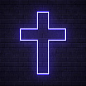 宗教十字架。在砖墙背景上发光的霓虹灯图标