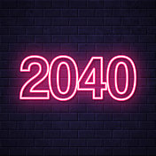 2040年――2040年。在砖墙背景上发光的霓虹灯图标