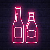 啤酒瓶。在砖墙背景上发光的霓虹灯图标 啤酒瓶。在砖墙背景上发光的霓虹灯图标