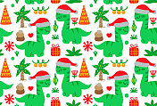 圣诞恐龙平面设计卡通无缝图案白色背景 圣诞恐龙平面设计卡通无缝图案白色背景