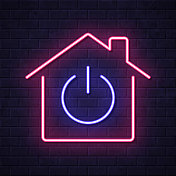 智能家居-有电源按钮的房子。在砖墙背景上发光的霓虹灯图标 智能家居-有电源按钮的房子。在砖墙背景上发光的霓虹灯图标