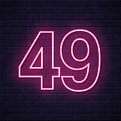 49 - 49号。在砖墙背景上发光的霓虹灯图标