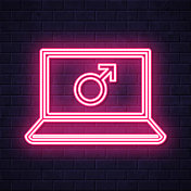 带有男性标志的笔记本电脑。在砖墙背景上发光的霓虹灯图标