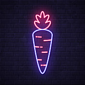 胡萝卜。在砖墙背景上发光的霓虹灯图标 胡萝卜。在砖墙背景上发光的霓虹灯图标