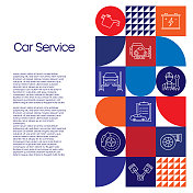 汽车服务相关的设计与线图标。简单轮廓符号图标。修理店，维修，技术员，轮胎