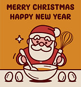 可爱的圣诞老人手里拿着打蛋器和勺子，正在搅拌圣诞蛋糕的配料，祝你圣诞快乐，新年快乐