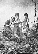 三个女孩梳着卷发在草地上跳舞