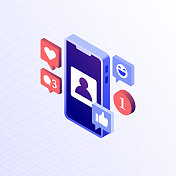 社交媒体图标设计，三维和等距绘图。友谊，谈话，聊天，信息，博客，社区，事件，评论，喜欢。