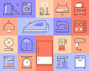 家用电器相关的矢量线图标。轮廓符号集合