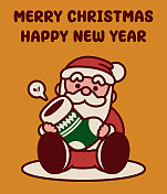 可爱的圣诞老人坐在地上，手里拿着圣诞袜，祝你圣诞快乐，新年快乐