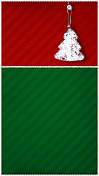 充满活力的鲜红栗色和深绿色用白色设计线分割分割的圣诞垂直背景，以及闪闪发光的褪色暗淡的星星或闪亮的闪光和一个挂在拇指别针或图钉上的圣诞树模型