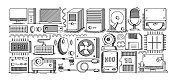 计算机技术，手绘草图，矢量涂鸦线图标集。计算机，微芯片，主板，cpu，硬盘驱动器，外置硬盘驱动器，计算机设备，技术，随机存储器。