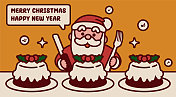 可爱的圣诞老人手里拿着刀叉准备吃圣诞布丁，祝你圣诞快乐，新年快乐