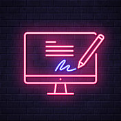 台式电脑上的电子签名。在砖墙背景上发光的霓虹灯图标