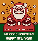 可爱的圣诞老人戴着耳机在唱盘上播放音乐,祝你圣诞快乐,新年快乐 可爱的圣诞老人戴着耳机在唱盘上播放音乐,祝你圣诞快乐,新年快乐