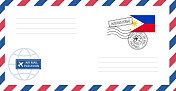 空白空邮信封，贴上菲律宾邮票。明信片矢量插图与菲律宾国旗孤立的白色背景。