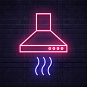 厨房罩。在砖墙背景上发光的霓虹灯图标 厨房罩。在砖墙背景上发光的霓虹灯图标