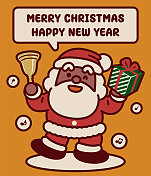 可爱的黑色圣诞老人摇着铃铛，拿着圣诞礼物，祝你圣诞快乐，新年快乐
