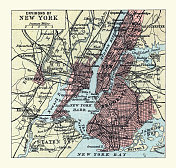 19世纪90年代，美国，布鲁克林港，纽约的古老地图