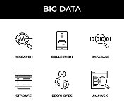 大数据图标集。研究，收集，数据库，存储，资源，分析图标