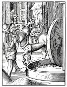 在油厂工作的人们木刻16世纪的插图