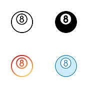 八球民意调查通用图标设计在四种风格与可编辑的笔画。线，实线，平线和颜色渐变线。适合网页，移动应用，UI, UX和GUI设计。