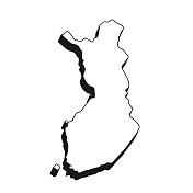 芬兰地图，黑色轮廓，白色背景上的阴影