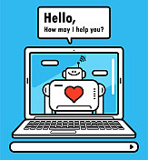 在笔记本电脑的屏幕上出现了带有爱心标志的AI聊天机器人助理或人工智能机器人医生