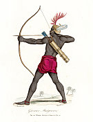 曼戈文，多哥-非洲弓箭手-手彩色点画雕刻1834年