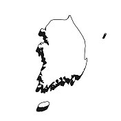 韩国地图，黑色轮廓，白色背景上的阴影