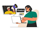 产品推广概念说明。广告宣传。平面矢量插图隔离在白色背景。用于企业年报、宣传单、市场营销、单张、广告、宣传册、现代风格。