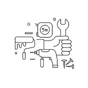 家居维修相关设计与线条图标。简单轮廓符号图标。装修，家居装修，承包商，建筑。