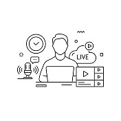 与线图标相关的直播设计。简单轮廓符号图标。互联网，影响者，连接，视频。