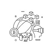 与线条图标相关的虚拟世界设计。简单轮廓符号图标。数字化、区块链、互联网、未来主义。