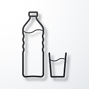 一瓶和一杯水。线图标与阴影在白色背景