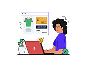 在线购物。互联网市场、移动应用购物和人们买衣服。平面矢量插图集。电子商务的概念。女人从电脑上下单。