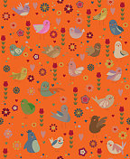 可爱的小鸟和花朵图案在橙色的背景。