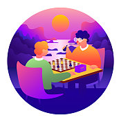 两个人下棋,日落国际象棋和谐,日落国际象棋决斗,景观矢量插图 两个人下棋,日落国际象棋和谐,日落国际象棋决斗,景观矢量插图
